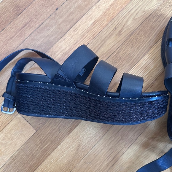 FitFlop Eloise Black Ankle Strap Open Toe Strappy Upper Espadrille Wedge Sandals - Picture 2 of 9